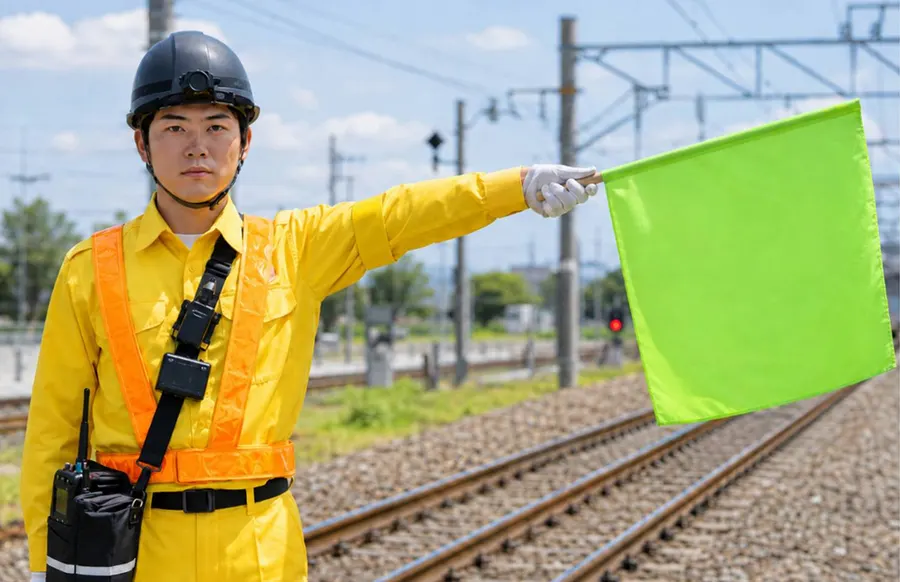 線路の近くで旗を使って合図する見張り員のイメージ